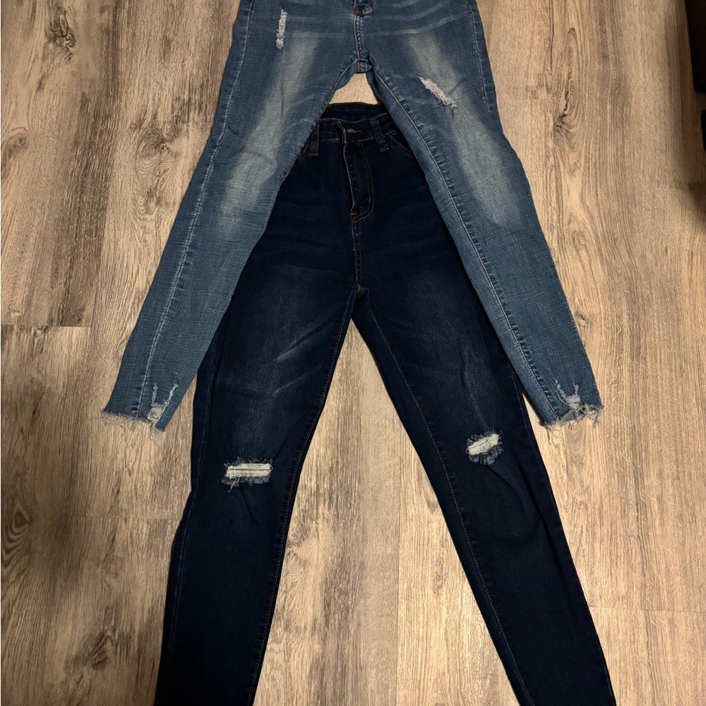 SHEIN Light and Dark Blue Distressed Skinny Jeans